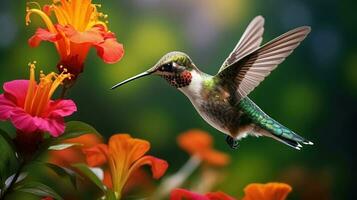 brummande fågel med blomma. illustration ai generativ foto