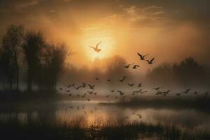 en flock av kranar tar flyg över en dimmig sjö på soluppgång, generera ai foto