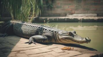 falsk gharial ha solbad nära dess damm illustration ai generativ foto