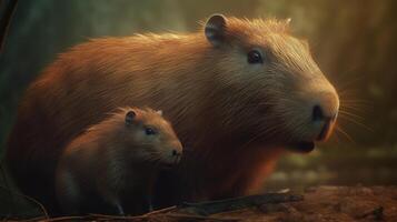 söt capybara med bebis. illustration ai generativ foto