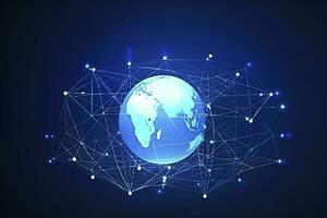 global nätverk på jord begrepp. 3d tolkning, värld Karta punkt. stor data analys och företag begrepp, värld Karta punkt och linje sammansättning begrepp av global företag, generera ai foto