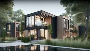 3d tolkning av en stor modern samtida hus i trä och betong, generera ai foto