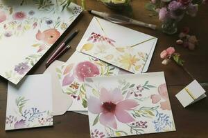 skapa en uppsättning av vattenfärg blommig mönstrad brevpapper den där inkluderar anteckningskort, kuvert, och brevpapper, generera ai foto