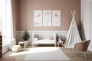 modern minimalistisk barnkammare rum i scandinavian stil. bebis rum interiör i ljus färger, ai genererad bild foto