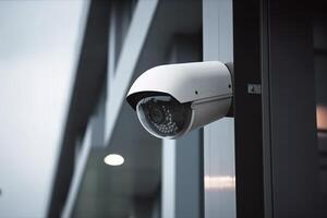 säkerhet kamera på modern byggnad. professionell övervakning kameror. cCTV på de vägg i de stad. säkerhet systemet, teknologi. video Utrustning för säkerhet systemet område kontrollera utomhus. ai genererad. foto