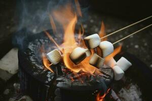 brinnande brand i en kompakt grill, trä loggar Engulfed i röd lågor, närbild av fritera marshmallows på brand, rök stiger, begrepp av roligt fest, matlagning delikatess utomhus, generera ai foto