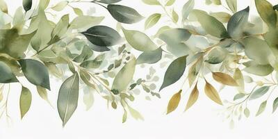 vattenfärg sömlös gräns - illustration med grön guld löv och grenar, för bröllop stationär, hälsningar, tapeter, mode, bakgrunder , generera ai foto
