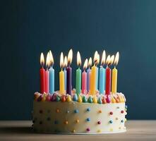 firande födelsedag kaka med tjugo ett färgrik födelsedag ljus, generera ai foto
