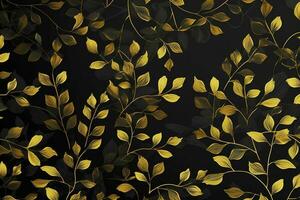 3d tapet väggmålning. gyllene grenar lämna. svart konst bakgrund, generera ai foto