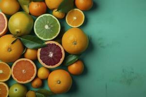 citrus- paradis begrepp. topp se av saftig apelsiner, citroner, lime och grapefrukt på turkos bakgrund med tömma Plats för PR text, generera ai foto