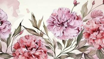 Lycklig mors dag bakgrund vektor. vattenfärg blommig tapet design med rosa nejlika blommor, löv. mors dag begrepp illustration design för omslag, banne , generera ai foto