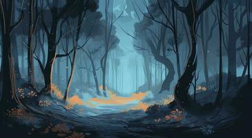 de landskap av en läskigt skog på natt, i de stil av realistisk blå himmel, nyckfull illustration, detaljerad bakgrunder, fri penselarbete, generera ai foto