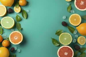 citrus- paradis begrepp. topp se av saftig apelsiner, citroner, lime och grapefrukt på turkos bakgrund med tömma Plats för PR text, generera ai foto