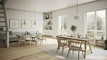 levande och dining område med minimalistisk, funktionell möbel och en dämpad Färg palett, generera ai foto