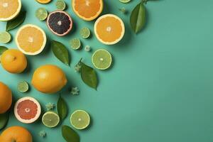 citrus- paradis begrepp. topp se av saftig apelsiner, citroner, lime och grapefrukt på turkos bakgrund med tömma Plats för PR text, generera ai foto