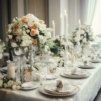 tabell miljö på en lyx bröllop och skön blommor på de tabell , generat ai foto