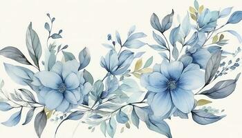 abstrakt blommig konst bakgrund vektor. botanisk vattenfärg hand målad blå blommor och blad gren med linje konst. , generera ai foto