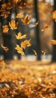 flygande falla lönn löv på höst bakgrund. faller löv, säsong- baner med höst lövverk, generera ai foto