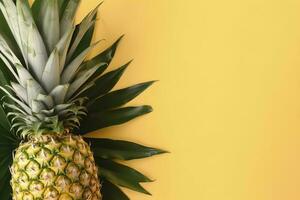 skön ananas på tropisk handflatan monstera löv isolerat på ljus pastell gul bakgrund, topp se, platt lägga, över huvudet ovan sommar frukt. , generera ai foto
