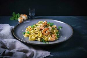 traditionell italiensk tagliatelle ai gamberoni pasta med kung räkor och örter eras som närbild på en design tallrik med kopia Plats, generera ai foto