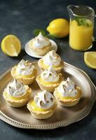 citron- maräng tårtor, ett bita desserter aning, generera ai foto