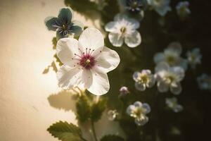 skön vår gräns, blomning reste sig buske. blommande reste sig höfter mot på vägg. mjuk selektiv fokus, generera ai foto