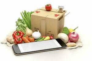 smartphone med mat leverans Ansökan över tabell med färsk specerier isolerat på vit bakgrund, generera ai foto