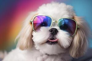 söt valp med färgrik solglasögon , symbolisk av lgbtq kampanj , generativ ai foto