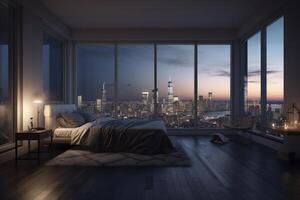 generativ ai illustration av lyx takvåning sovrum på natt foto