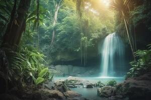 vattenfall i en tropisk djungel generativ ai foto