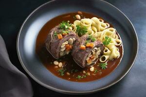 traditionell långsam kokta tysk wagyu nötkött roulader med gnocchetti sardi spaghetti i en kryddad skysås som en topp se på en nordic design tallrik med kopia Plats på de höger, generera ai foto