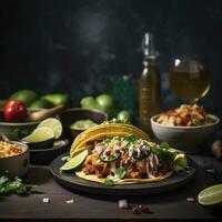 mexikansk mat hörn gräns, top-down se över en mörk baner bakgrund. tacos, quesadilla, burritos och nachos. kopia Plats, generera ai foto