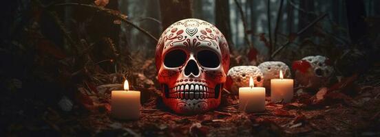 dag av de död- skallar. dia de los muertos. dag av de död- och mexikansk halloween bakgrund. mexikansk tradition festival. dag av de död- socker skalle. dia de los muertos, generera ai foto