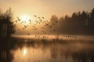en flock av kranar tar flyg över en dimmig, generera ai foto