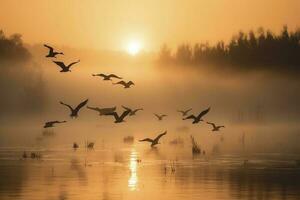 en flock av kranar tar flyg över en dimmig, generera ai foto