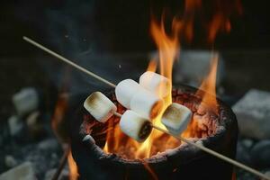 brinnande brand i en kompakt grill, trä loggar Engulfed i röd lågor, närbild av fritera marshmallows på brand, rök stiger, begrepp av roligt fest, matlagning delikatess utomhus, generera ai foto