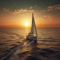 Yacht i de hav på kväll solnedgång kryssning resa resa ai genererad foto