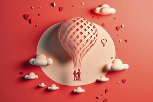 papper skära stil, valentine dag med hjärta ballong och kärlek, generativ ai foto