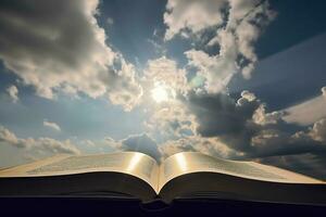 öppen bok bibel på trä bakgrund utomhus- guds löften i dagligen liv, generera ai foto