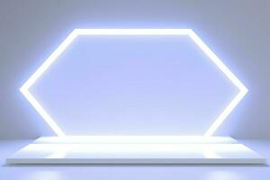 realistisk podium visa med neon vit lampor, produkt visa bakgrund med ljus ram, vit prodium produkt visa med ljus effekt, neon lampor bakgrund, generera ai foto
