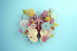 mänsklig lever med blommor, pastell färger, på blå bakgrund, 3d framställa och illustration, generera ai foto