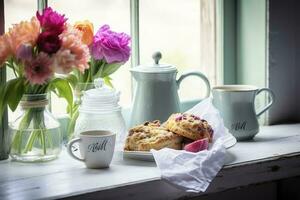 en mors dag arrangemang med te och scones i främre av en ljus fönster, generera ai foto