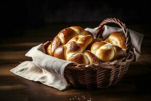 pretzel pinnar och pretzel rullar, bavarian lut bulle med salt i en korg, generera ai foto