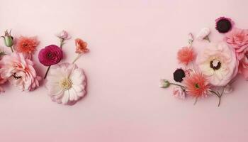 topp se bild av rosa blommor sammansättning över pastell bakgrund , generera ai foto