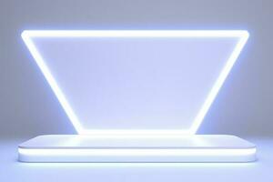 realistisk podium visa med neon vit lampor, produkt visa bakgrund med ljus ram, vit prodium produkt visa med ljus effekt, neon lampor bakgrund, generera ai foto
