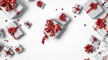 kreativ ram tillverkad av jul gran grenar, gåva lådor, röd dekoration, pärlar och konfetti på vit bakgrund, generera ai foto
