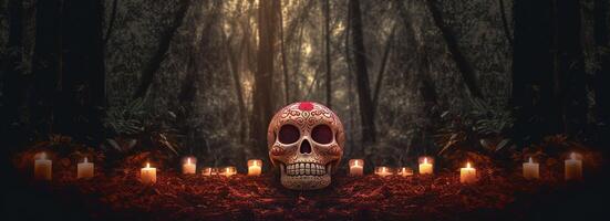 dag av de död- skallar. dia de los muertos. dag av de död- och mexikansk halloween bakgrund. mexikansk tradition festival. dag av de död- socker skalle. dia de los muertos, generera ai foto