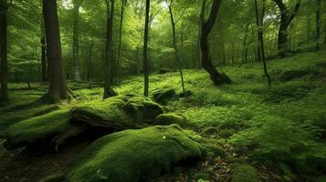 jord dag och värld miljö dag, vår, skön naturlig grönskande grön skog i sommar, generera ai foto