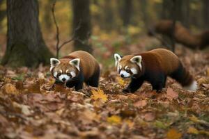två söt röd pandor klättrande tillsammans i de grenar , generera ai foto