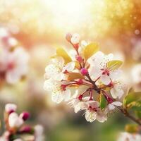 vår blomma bakgrund. skön natur scen med blomning träd och Sol blossa , generat ai foto